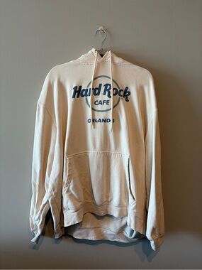 Hard Rock Cafe Cream Hoodie with Teal Logo - Men's Pullover